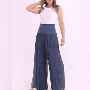 Giusy Palazzo Flowy High Waisted Italian Silk Pants Sheer Layer Blue Medium
